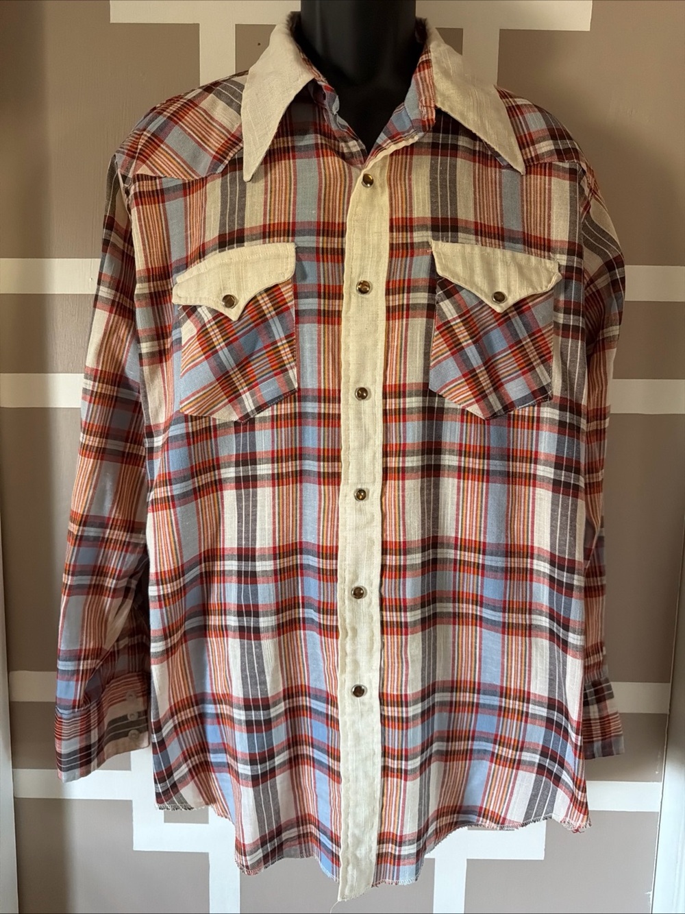 Vtg 70s Wrangler Plaid Pearl Snap Western Shirt w/Contrast Colllar, XL EXC COND